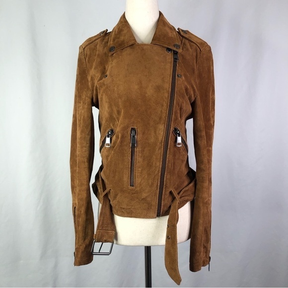 Bagatelle NYC suede motorcycle moto jacket chestnut brown zippered pockets belt - Picture 3 of 12